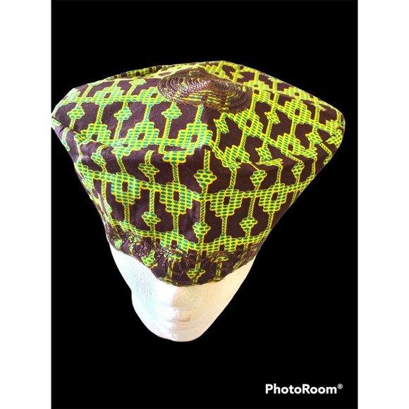 Mens Kente Print Hat Hippie Boho African Traditional Kufi Cap Green Brown Yellow - Picture 1 of 8